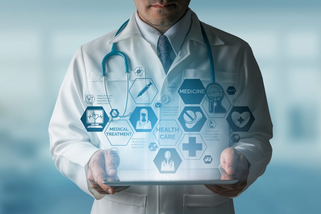 Medical Healthcare Concept - Doctor in hospital with medical icons modern interface showing symbol of medicine innovation medical treatment emergency service doctoral data and patient health.